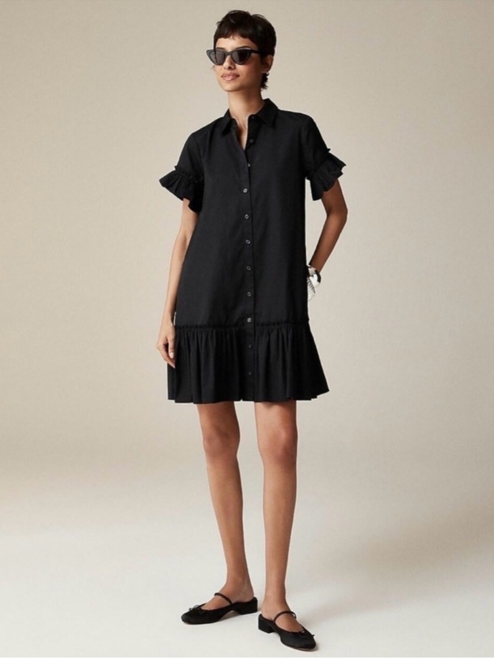 J. Crew Amelia Poplin Cotton Ruffle Tiered Mini Shirt Dress Black Size 2X
